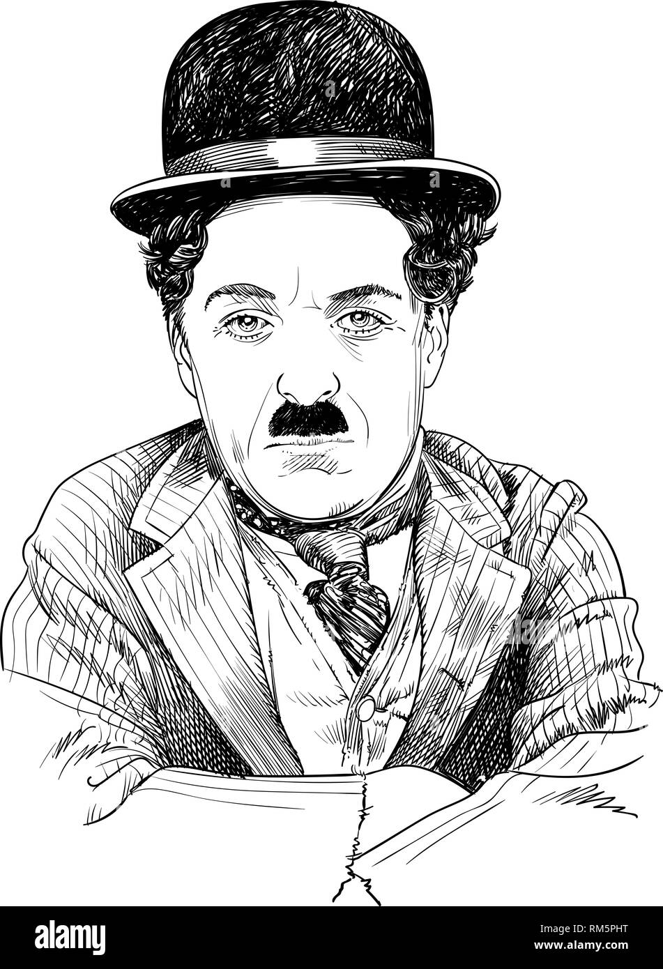 Charlie Chaplin retrato en line art illustration. Fue actor cómico Inglés, movie maker y compositor que saltó a la fama en la era de la película muda. Ilustración del Vector