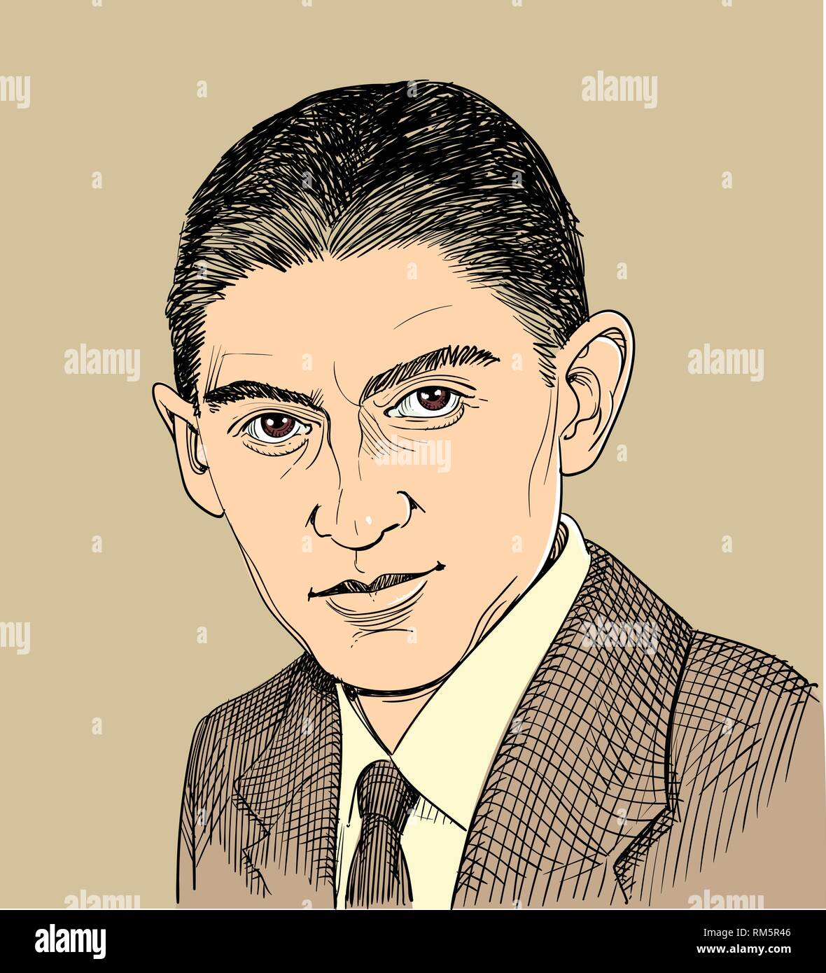 Retrato de Franz Kafka en línea art illustration. Él era un judío bohemio de habla alemana novelista y escritor de cuentos. Capas editables. Ilustración del Vector