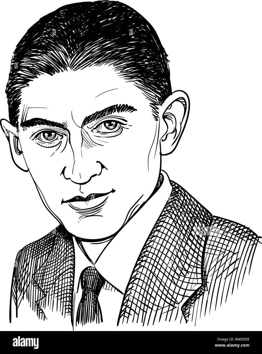 Retrato de Franz Kafka en línea art illustration. Él era un judío bohemio de habla alemana novelista y escritor de cuentos. Ilustración del Vector