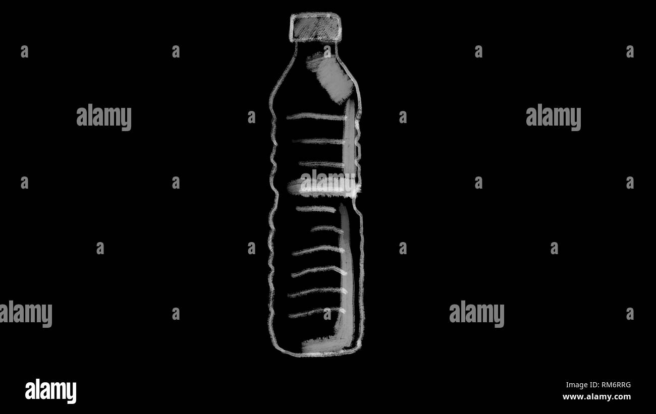 Botella de plástico desechable, dibujado en la pizarra negra, el metraje ideal para representar problemas de ecología Foto de stock