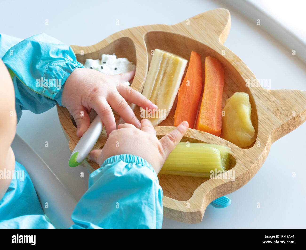Comer con las manos del bebé, Bebé comer verduras bio orgánica con método  BLW, baby led weaning. Feliz kid vegetariana comer el almuerzo. Infante  comer él mismo, se Fotografía de stock -