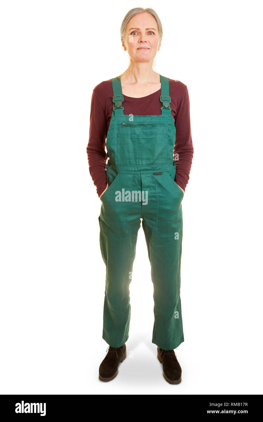 Mujer de edad como trabajador en peto verde desde la parte delantera  frontal Fotografía de stock - Alamy