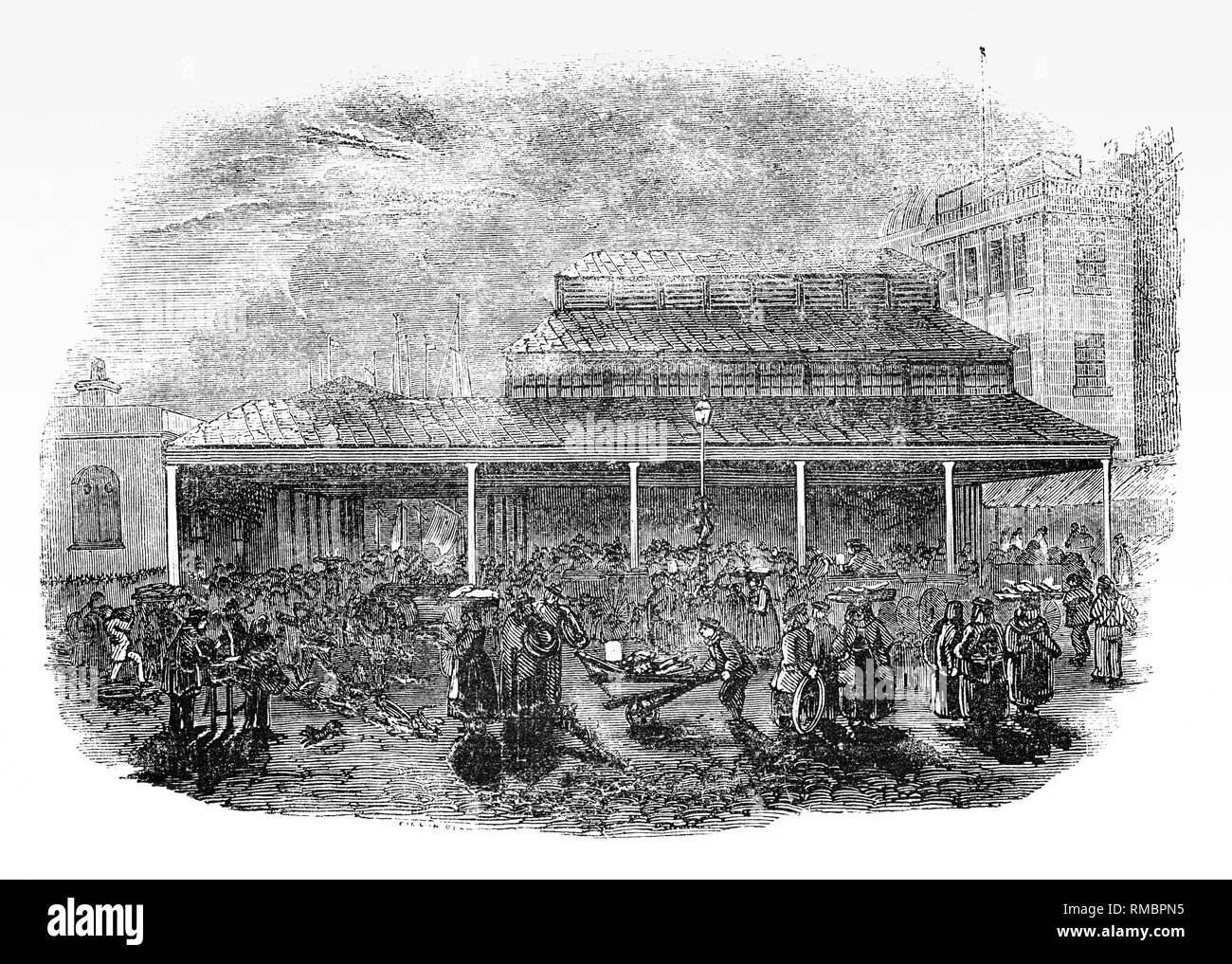 Amanecer en Billingsgate Fish Market, el mercado de pescado más grande del mundo en el siglo XIX, fue construido en Lower Thames Street en 1850 por el constructor John Jay, y el mercado del pescado se ha movido fuera de las calles en su nuevo edificio de Riverside. Este fue demolido en alrededor de 1873 y sustituido por un mercado porticada hall diseñado por el arquitecto de la ciudad de Horace Jones y construido por John Mowlem & Co. en 1875, el edificio que todavía está en el sitio hoy. Foto de stock