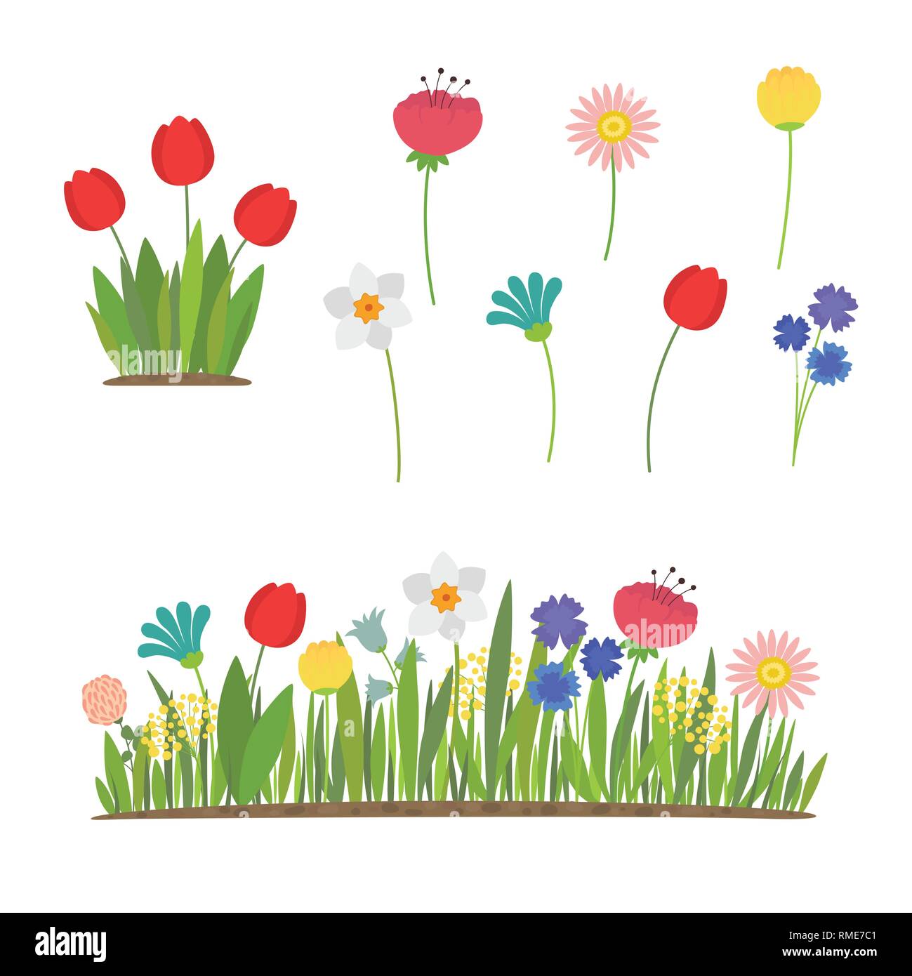 Las flores de la primavera que crece en el jardín. Los tulipanes, narcisos y otras flores Ilustración del Vector