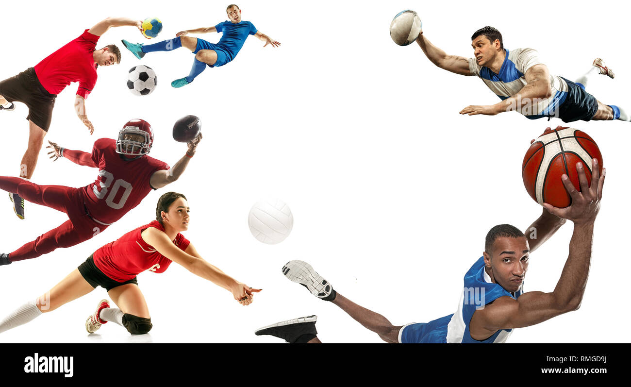 El ataque. Deporte collage sobre fútbol, fútbol americano, baloncesto