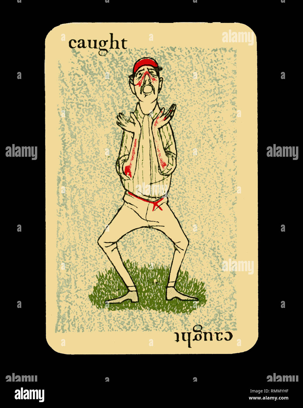 Tarjeta única "Atrapadas" desde una tarjeta de juego de cricket vintage de GOOGLY por Smith & Hallam Ltd de Londres. Aislado sobre fondo negro Foto de stock