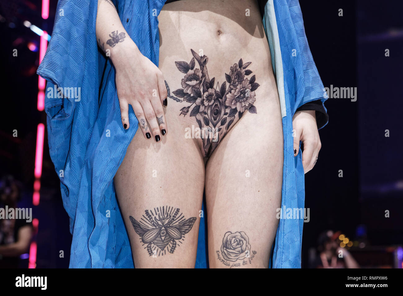 París, Francia. 15 Feb, 2019. Concurso para el mejor tatuaje del día durante la 9ª edición del Mondial du Tatouage (Mundo tatuaje) el 15 de febrero de 2019 en la Grande Halle de la Villette, en París, Francia. Crédito: Bernard Menigault/Alamy Live News Foto de stock