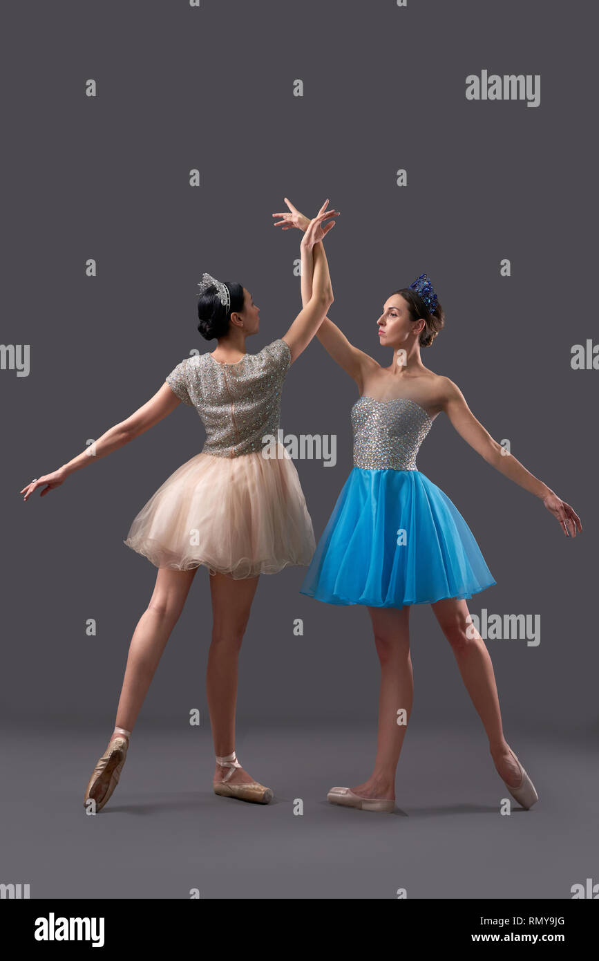 Vista lateral de dos hermosas bailarinas bailando juntos en el estudio. La  mujer graciosa en tutu y zapatos de ballet manteniendo las manos juntas y  mirando hacia adelante. Concepto de rendimiento y