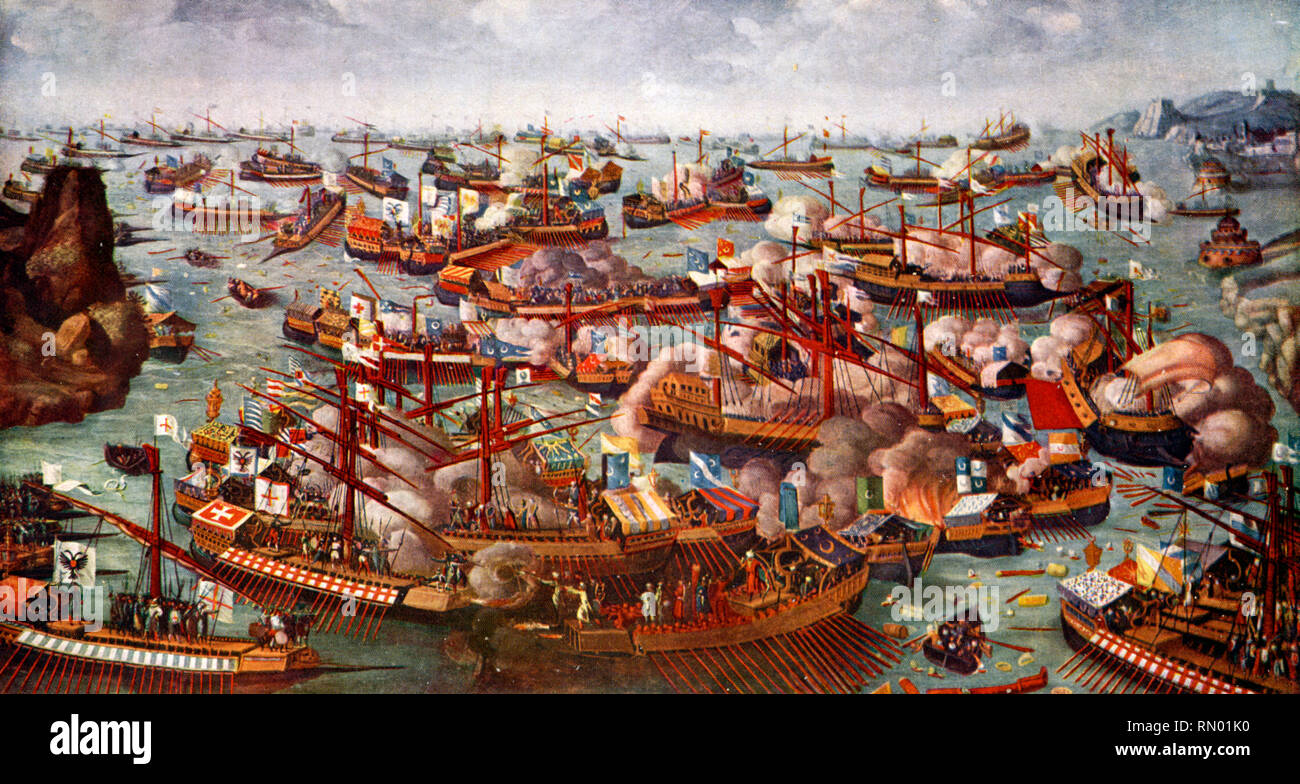 La batalla de Lepanto, 1571. La batalla de Lepanto fue un compromiso naval que tuvo lugar el 7 de octubre de 1571, entre la Liga Santa, encabezada por la República Veneciana, quien junto con el Imperio Español, infligió una gran derrota en la flota del Imperio Otomano, en el golfo de Patras. Foto de stock