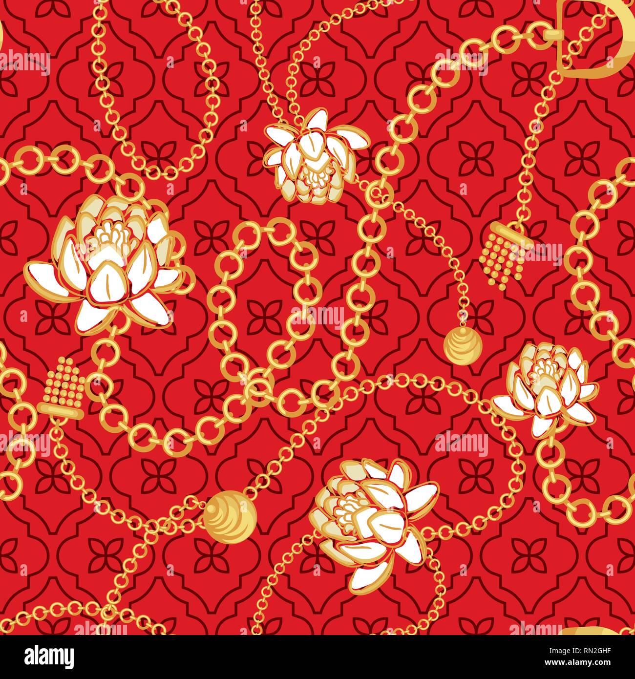 Cadenas de oro red net patrón con negrita flores moda diseño vectorial.  Joyas colgantes accesorios de impresión perfecta con textura para bufandas  rojas, tela Imagen Vector de stock - Alamy