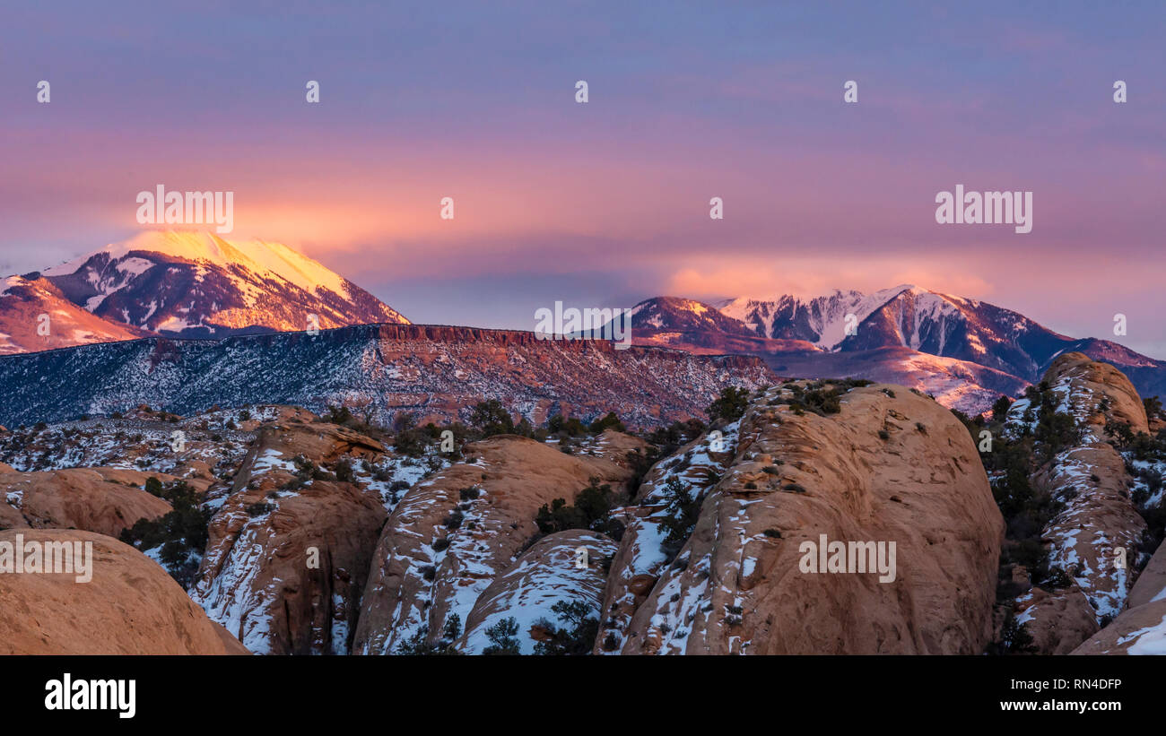 Las nubes iluminadas por la luz rebote en la nieve en los picos LaSal al atardecer, visto desde la arena Apartamentos Área Recreativa en Moab, Utah. Foto de stock