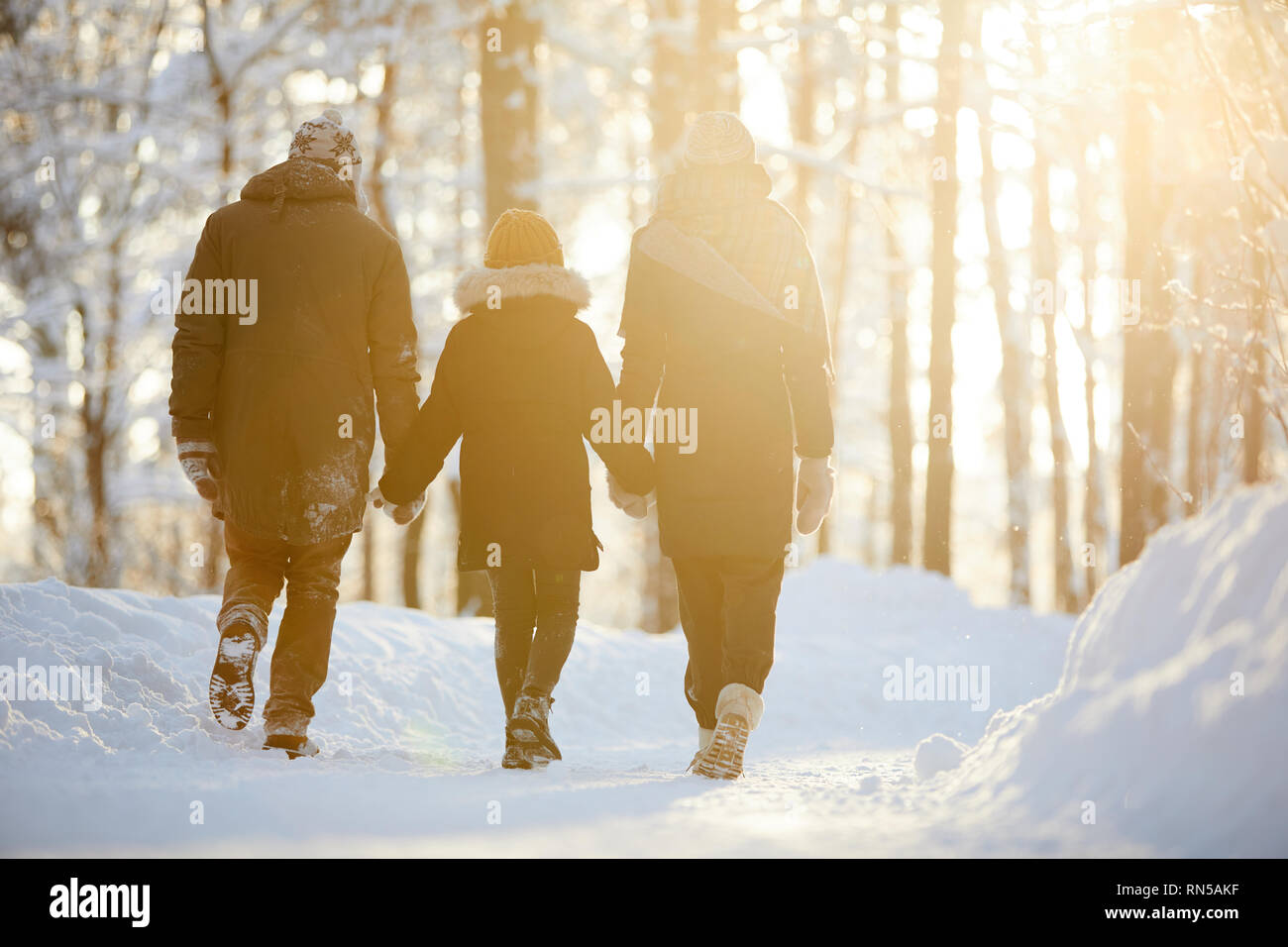 Familia disfrutando de caminar en invierno bosque Foto de stock