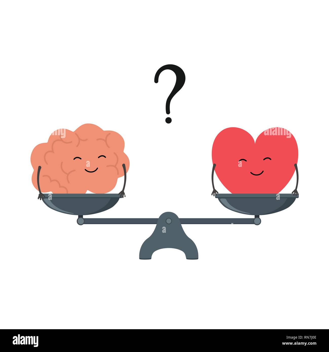 Ilustración de la noción de equilibrio entre la lógica y la emoción. El  cerebro y el corazón de dibujos animados con bonitas caras en una escala.  Corazón o mente Vector Imagen Vector