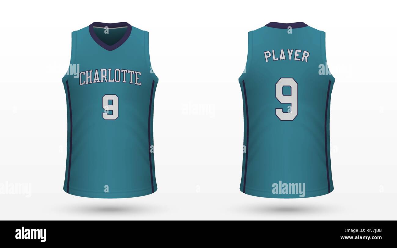 Camiseta deportiva realista en los Charlotte Hornets, Jersey plantilla para  kit de baloncesto. Ilustración vectorial Imagen Vector de stock - Alamy
