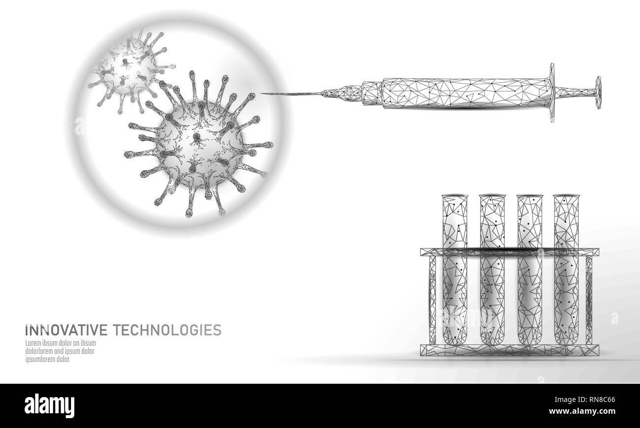 Poli bajo tubo de ensayo virus jeringa. Los análisis de laboratorio médico infección Tratamiento de la enfermedad. La ciencia moderna tecnología plantilla banner de investigaciones de medicina Ilustración del Vector