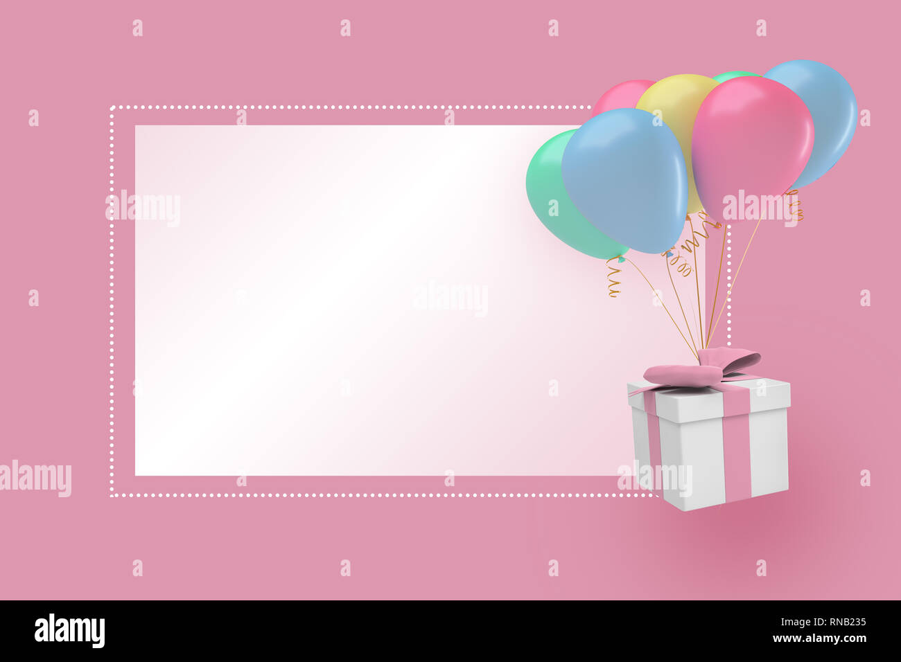 Representación 3D de un fondo de color rosa pastel con una caja de regalo y parte globos cerca de un bloque blanco o texto. Foto de stock