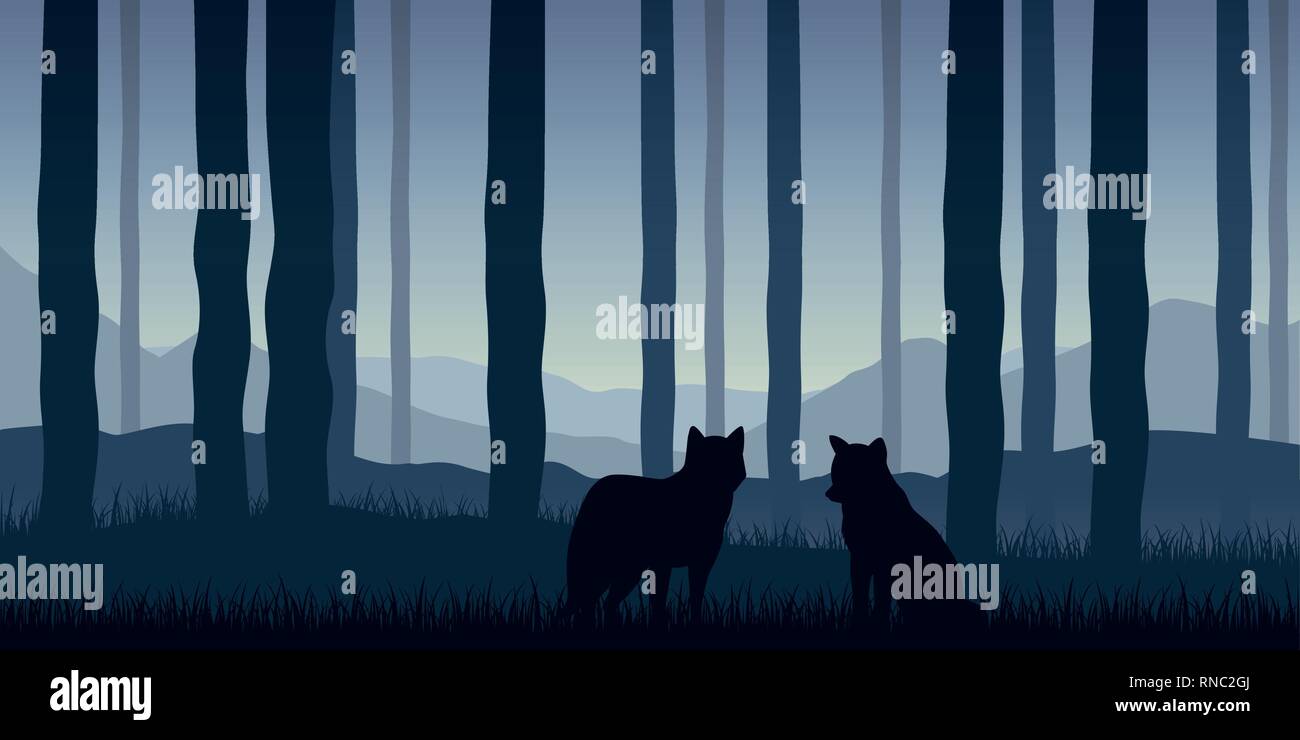Dos lobos en el bosque azul paisaje naturaleza ilustración vectorial EPS10 Ilustración del Vector