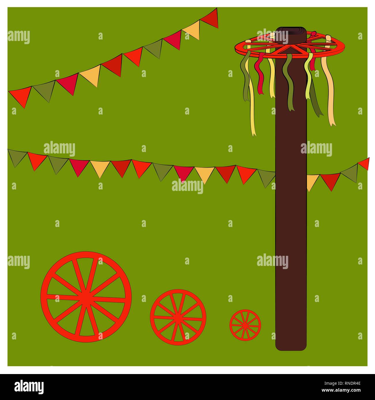 Pilar de madera con la rueda roja y cintas de colores. Shrovetide o  Maslenitsa. Elementos de la fiesta nacional rusa. Tarjetas educativas o  tarjetas de felicitación Imagen Vector de stock - Alamy