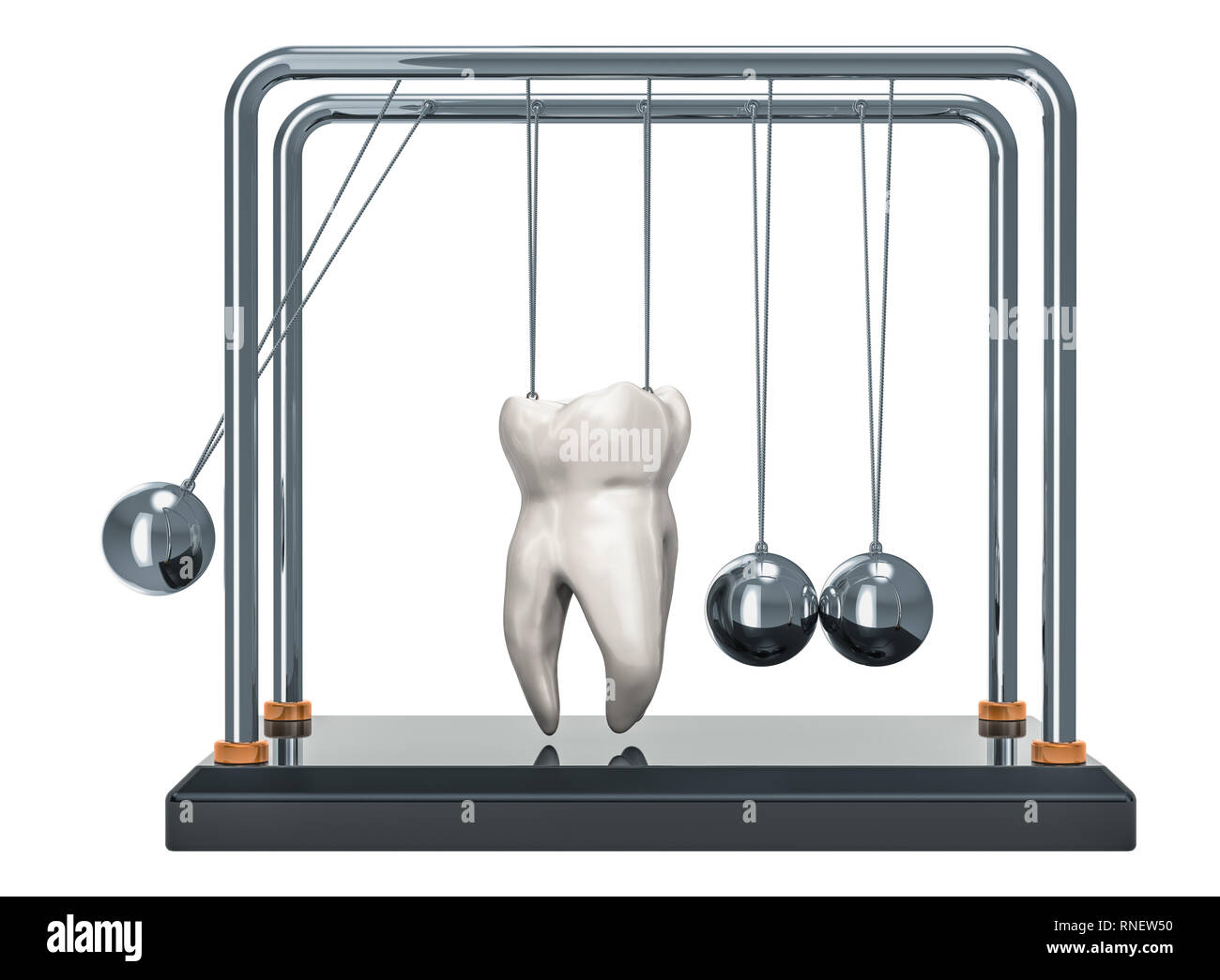 Concepto de caries dental. Newton's cradle con el diente. 3D rendering