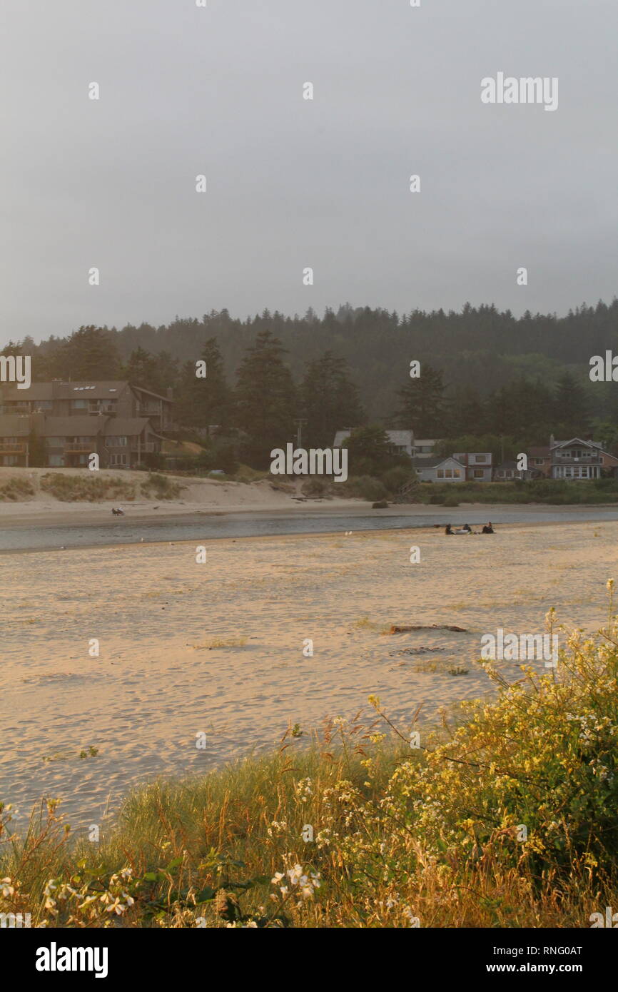 Hazy atardecer en la playa, Oregon. Foto de stock