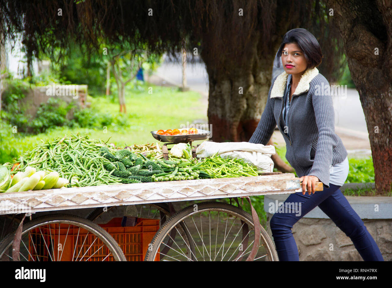 Joven indígena con el cabello corto vendiendo verduras en un carrito, Pune Foto de stock