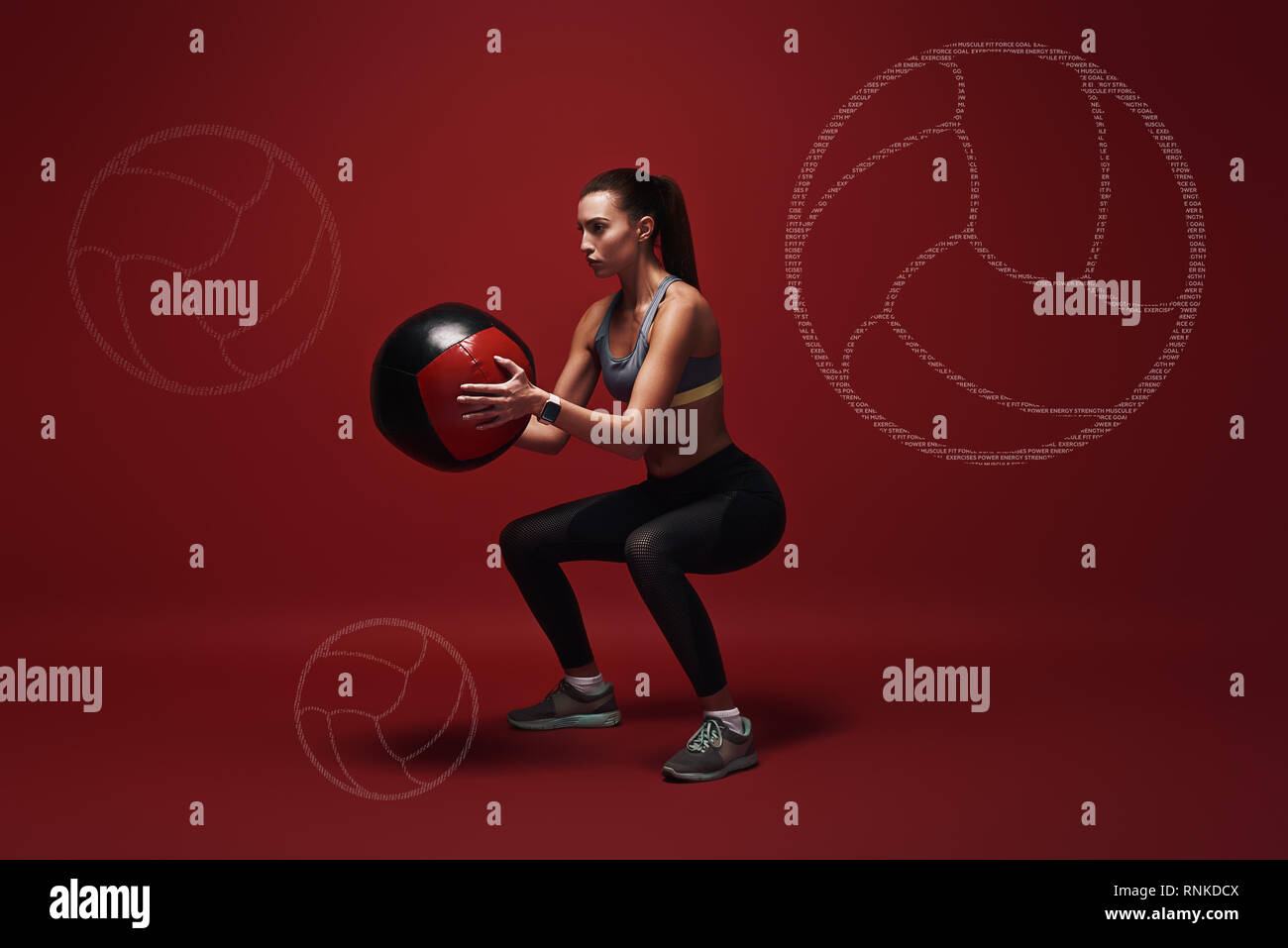 Hermosa sportswoman está haciendo flexiones con ejercicio de pelota de pie sobre fondo rojo. Dibujo gráfico. Foto de stock