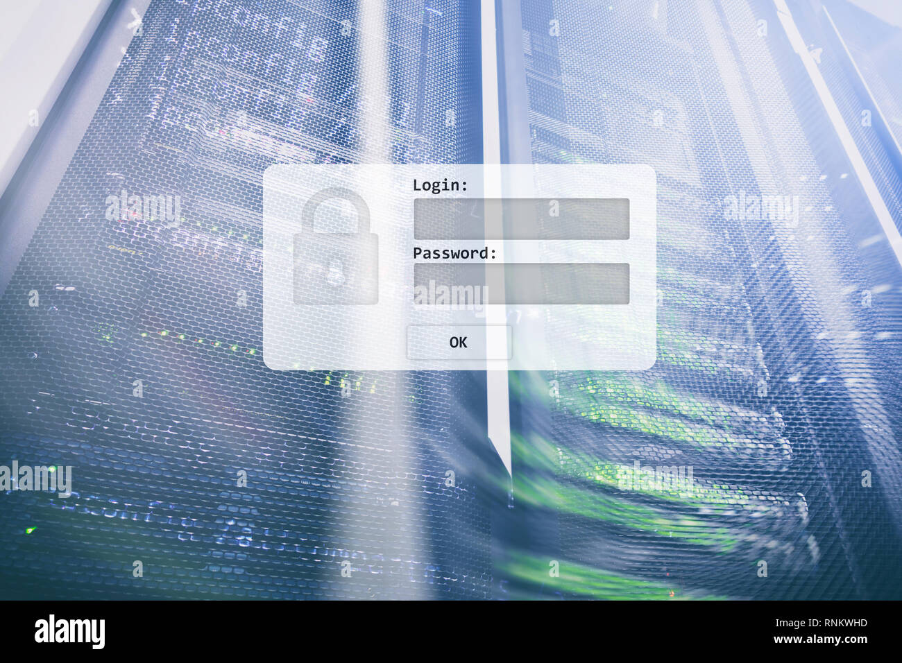 Sala de servidores, petición de inicio de sesión y contraseña, acceso y seguridad de los datos. Foto de stock