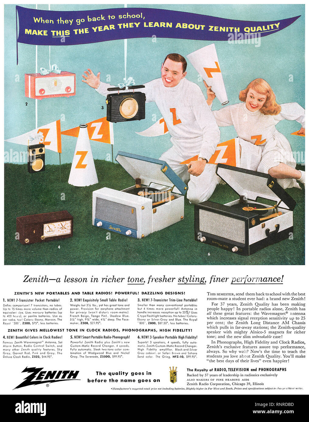 1956 EE.UU. anuncio para Zenith radios portátiles y tocadiscos. Foto de stock