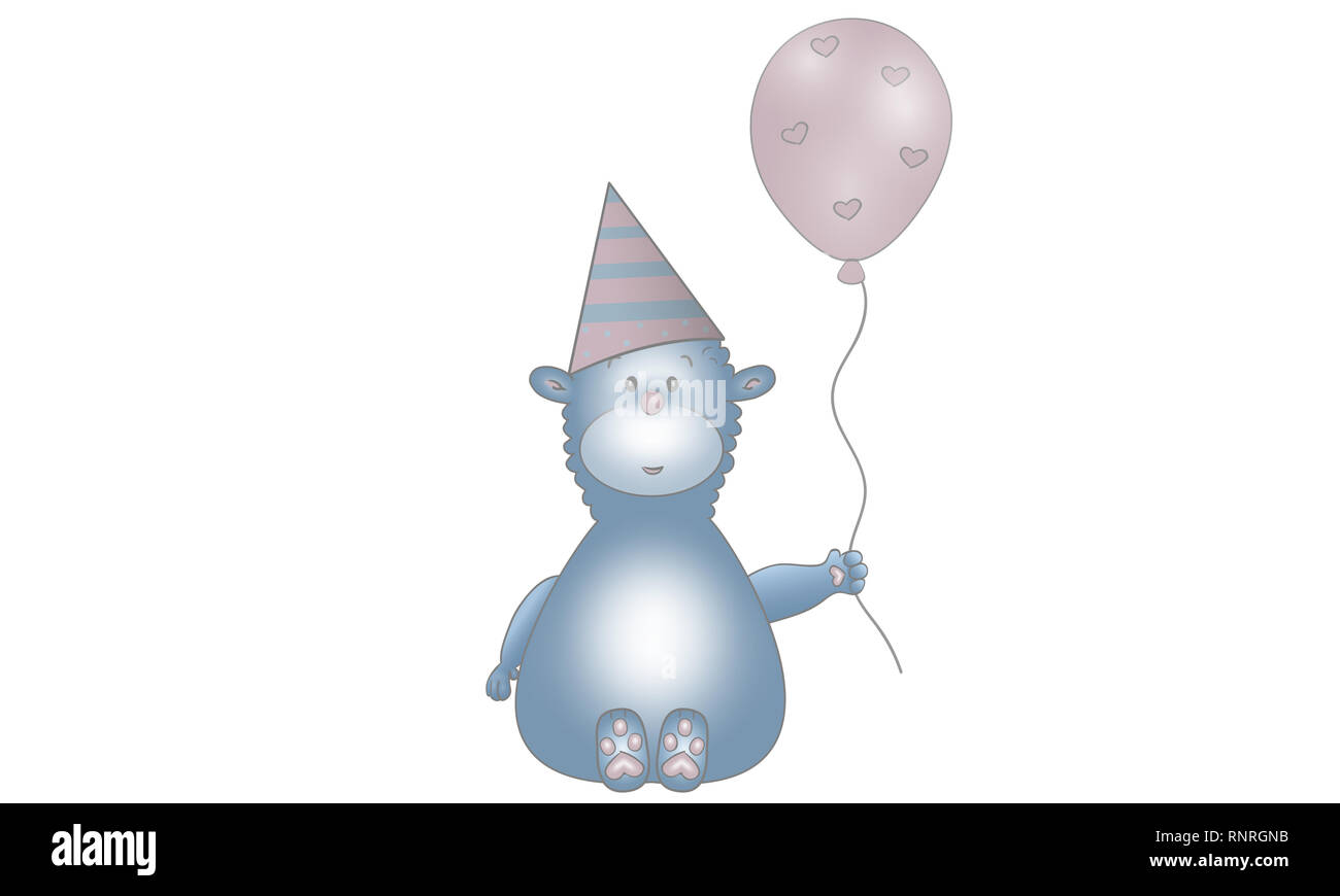 Cute imagen vectorial de azul fantasía criatura animal con balón, gorro de fiesta y los corazones, aislado sobre fondo blanco. Foto de stock