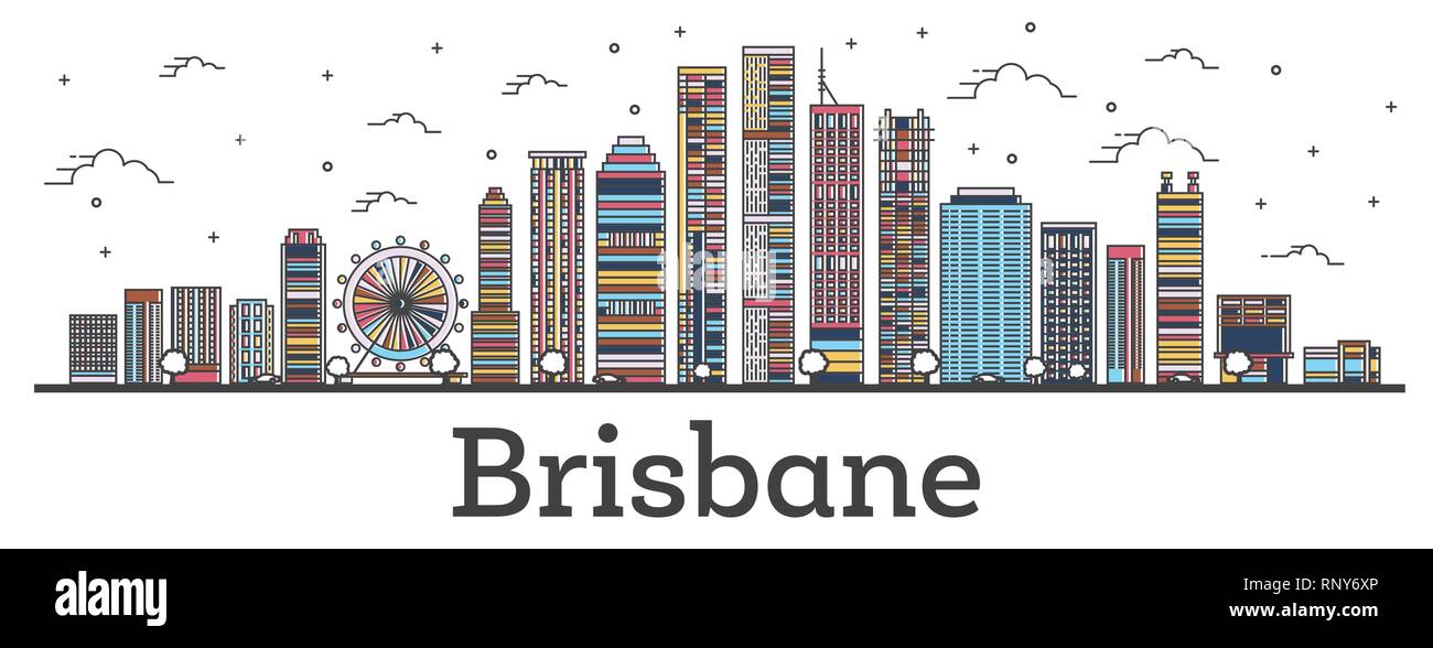 Esquema del horizonte de la ciudad de Brisbane, con edificios de color aislado en blanco. Ilustración vectorial. Paisaje Urbano de Brisbane con hitos. Ilustración del Vector