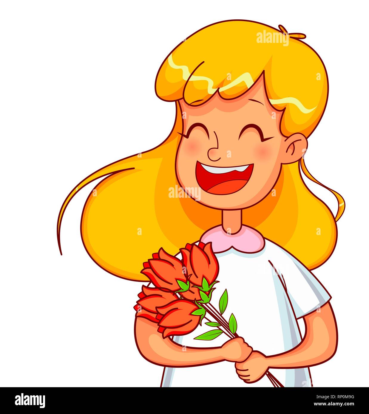 Día Internacional de la mujer. Funny Girl personajes de dibujos animados  con un Ramo de tulipanes. Utilizable para el folleto, póster, invitación y  otros. Ilustración vectorial Imagen Vector de stock - Alamy