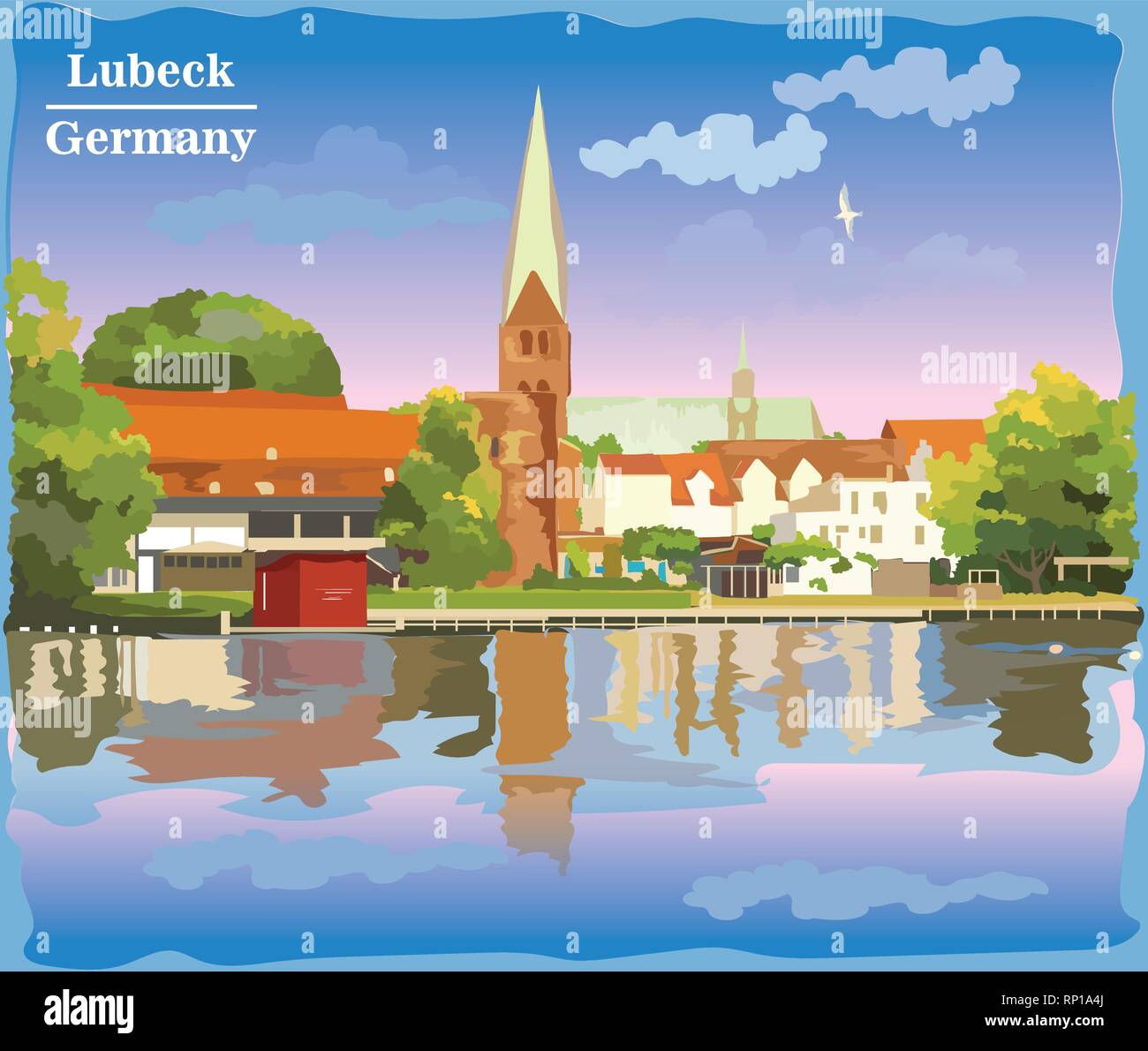Paisaje urbano con vistas a la Iglesia de Santa María de Lübeck en Alemania. Hito internacional de Alemania. Colorida ilustración vectorial. Ilustración del Vector