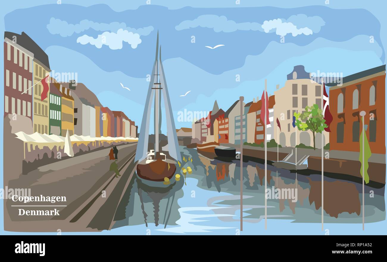 Paisaje urbano muelle en Copenhagen, Dinamarca. Hito internacional de Dinamarca. Colorida ilustración vectorial. Ilustración del Vector