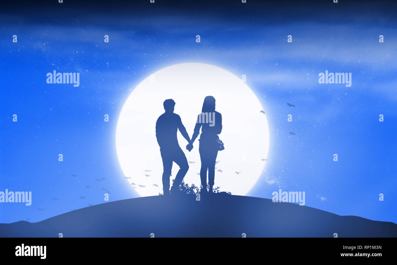 Illustration Couple Under Moon Stars Fotos E Imagenes De Stock Alamy