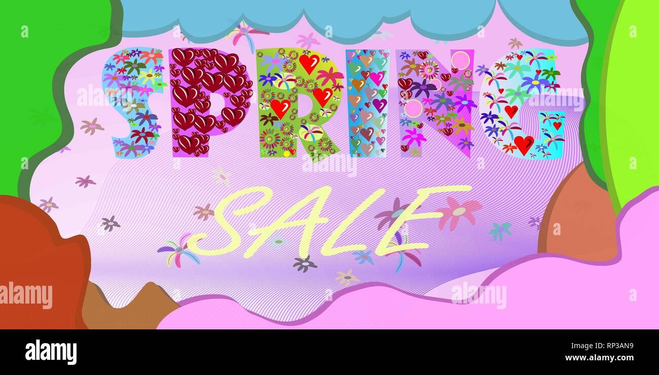 Venta de primavera palabras cartel con hermosas flores coloridas. Ilustración vectorial template.banners.Wallpaper.volantes, invitación, afiches, folletos, vale Ilustración del Vector