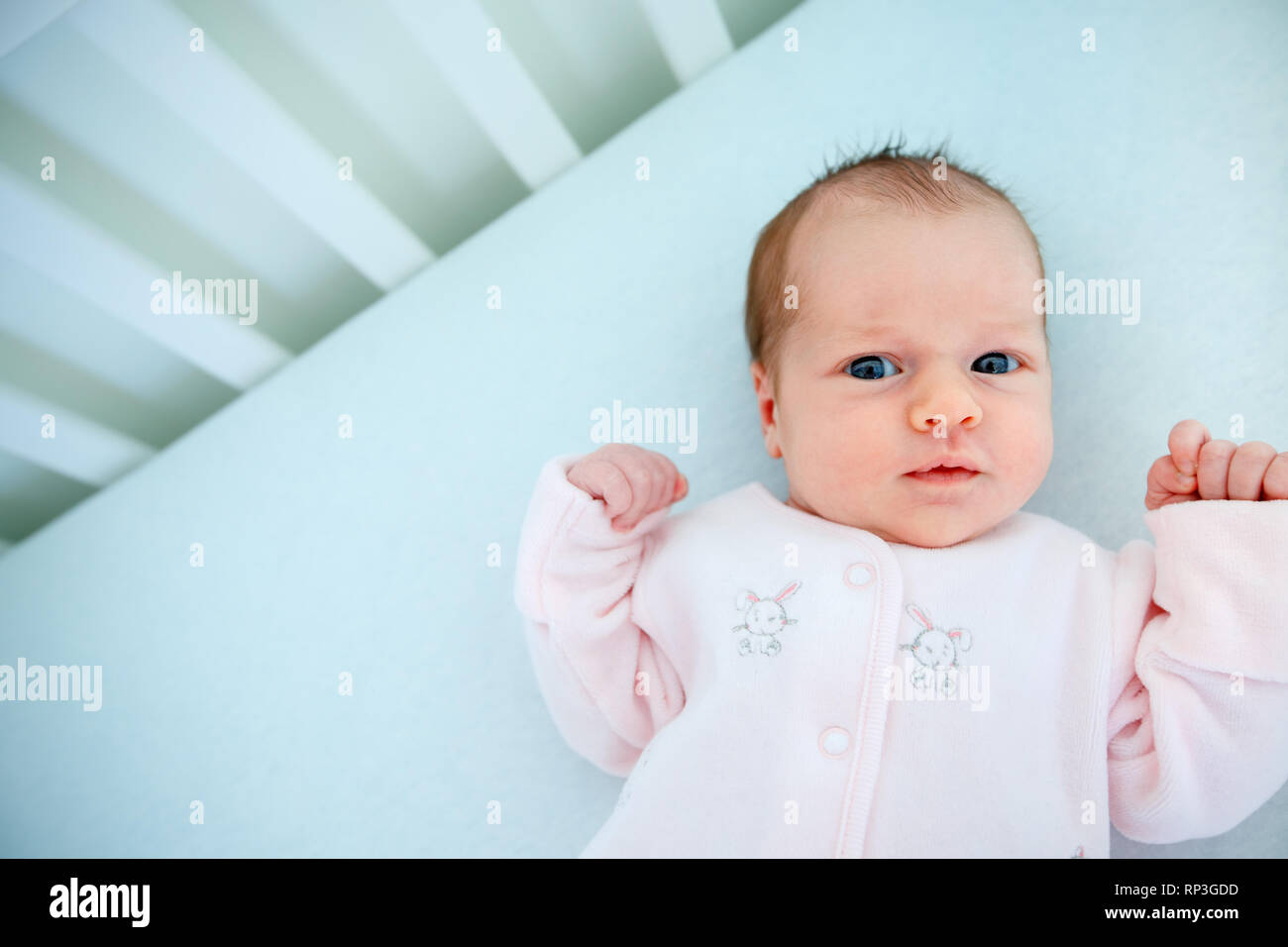 Linda niña de dos semanas en la cuna Foto de stock