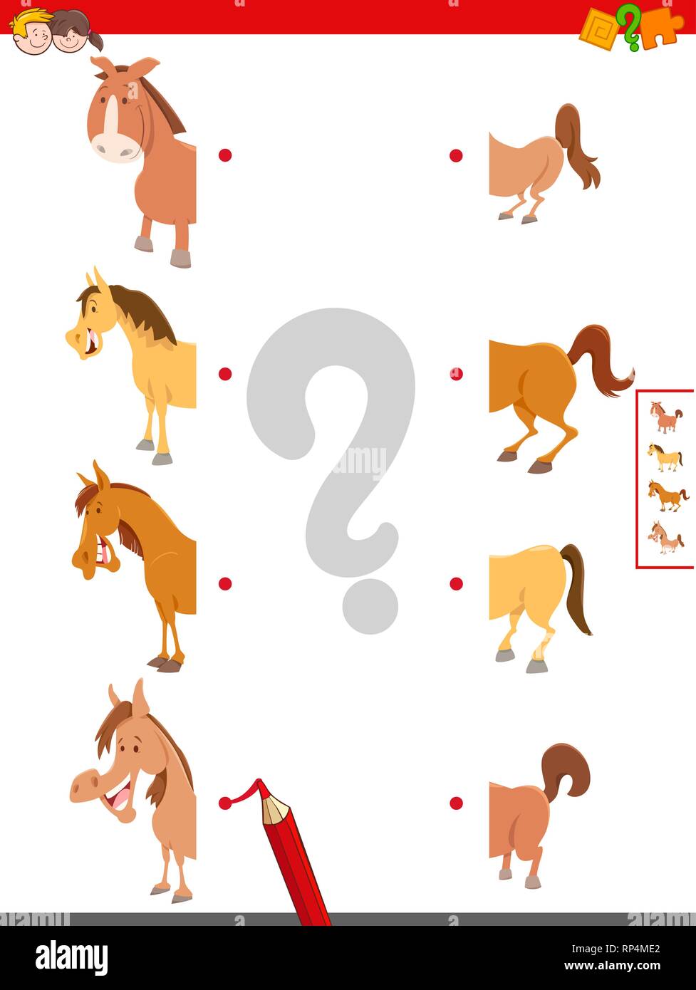 Ilustración de dibujos animados de juego educativo de dos mitades iguales  caracteres animales de granja de caballos Imagen Vector de stock - Alamy