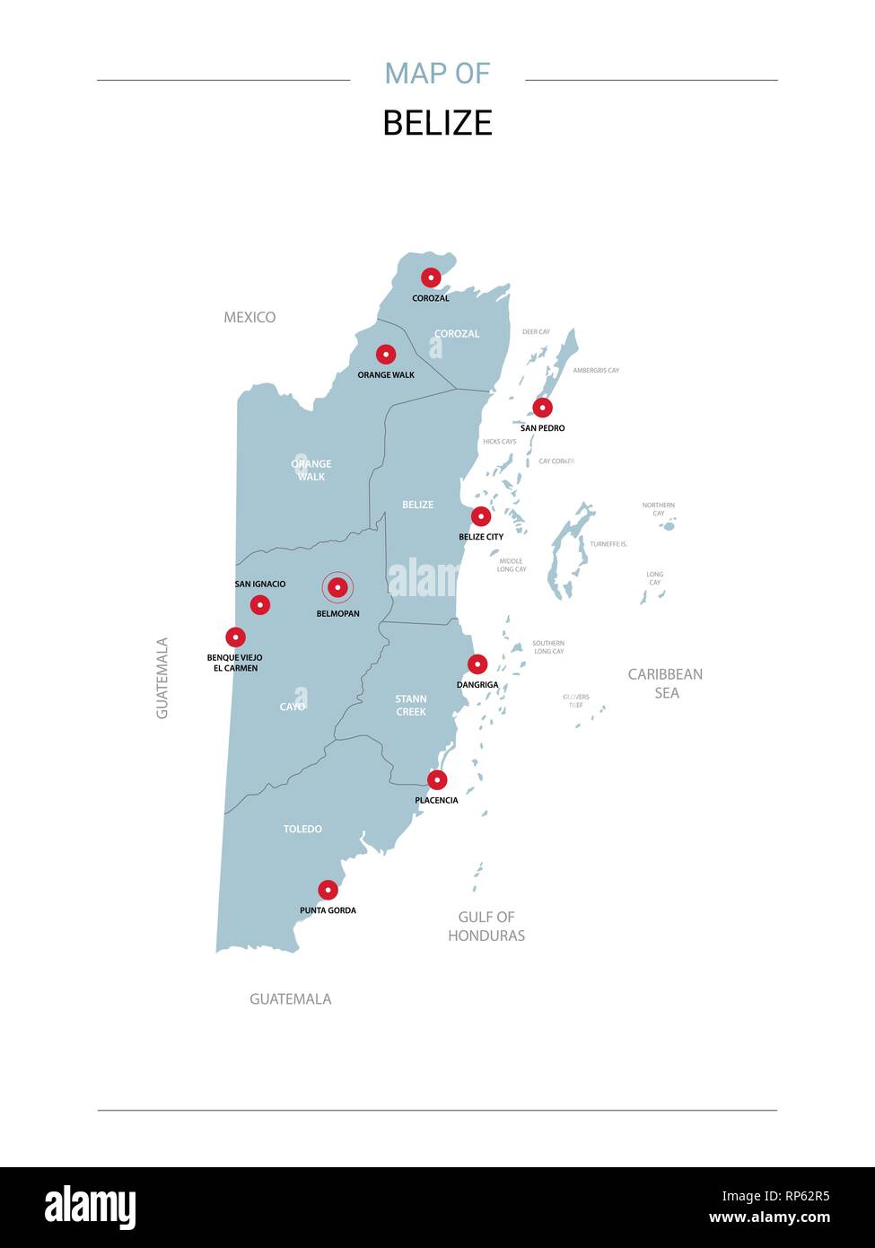 Belice Mapa De Vectores Plantilla Modificable Con Regiones Ciudades Patillas Rojas Y Azules 4938