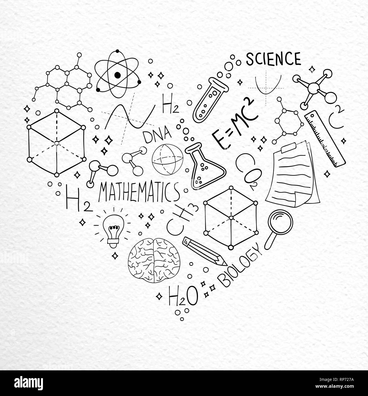 Ilustración de ciencia concepto de doodle iconos dibujados a mano en forma de corazón el amor por la educación y la investigación. Ilustración del Vector