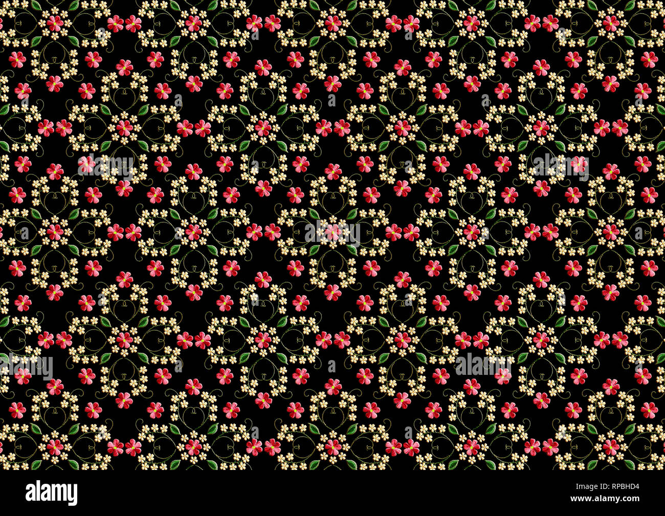 Fondo negro sin costuras bordadas con ramita de patrones con hojas, flores  blancas y delicadas flores rojas Fotografía de stock - Alamy