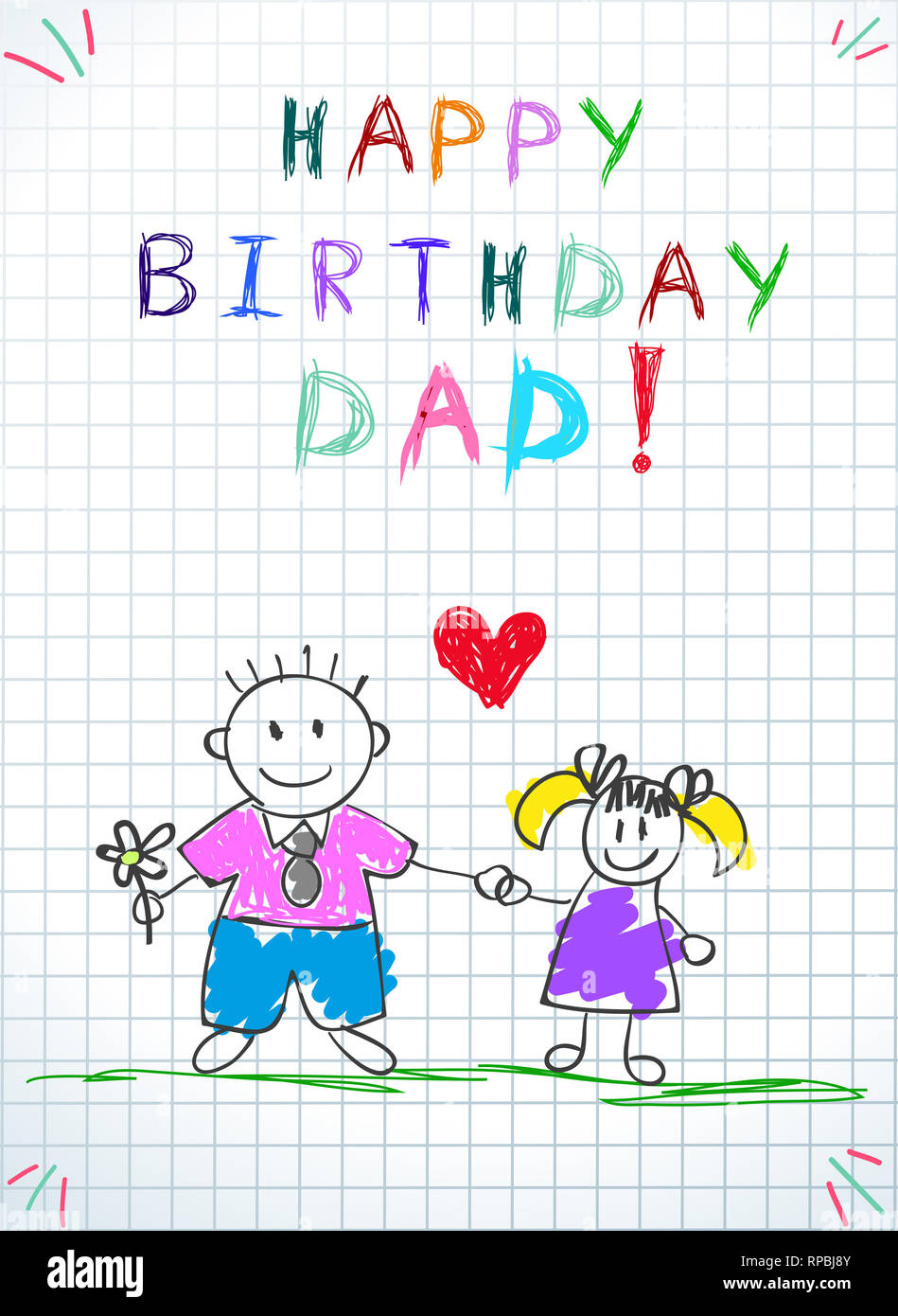 Feliz Cumpleaños papá. Los niños coloridos ilustración dibujada a mano de  padre e hija juntos poseen flores, corazón entre. Hoja de Cuaderno cuadrado  P Fotografía de stock - Alamy