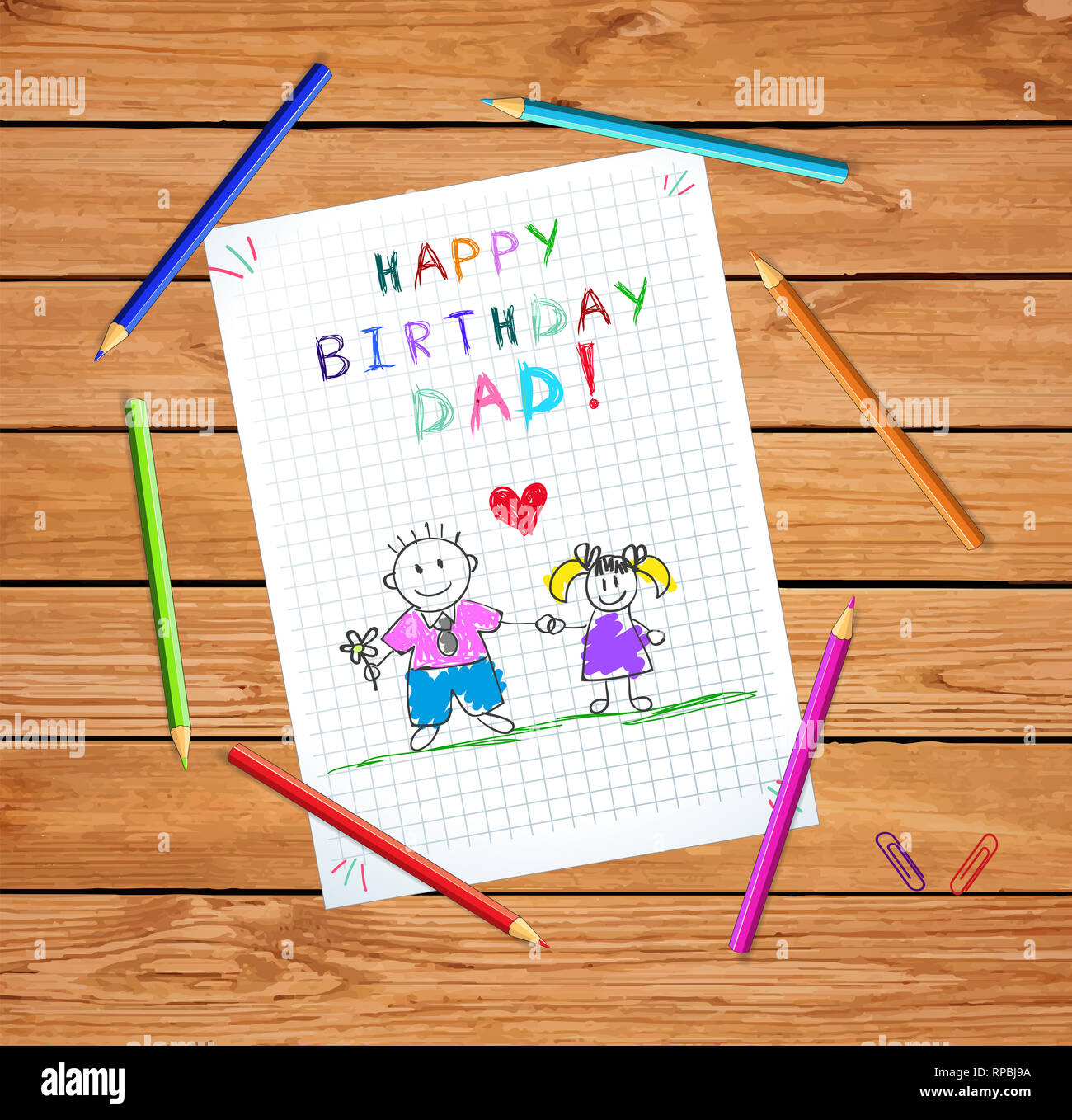 Feliz Cumpleaños papá. Los niños coloridos ilustración dibujada a mano de  padre e hija juntos poseen flores en cuadrado Hoja de cuaderno. Tabla de  madera, Colo Fotografía de stock - Alamy