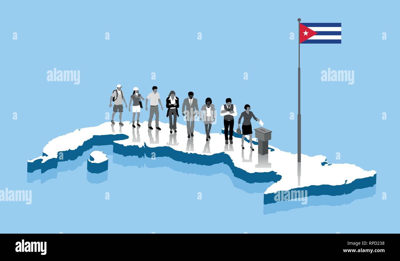 Los ciudadanos cubanos votan en urna sobre un mapa de Cuba. Todos los objetos, las sombras y el Fondo están en capas distintas. Ilustración del Vector