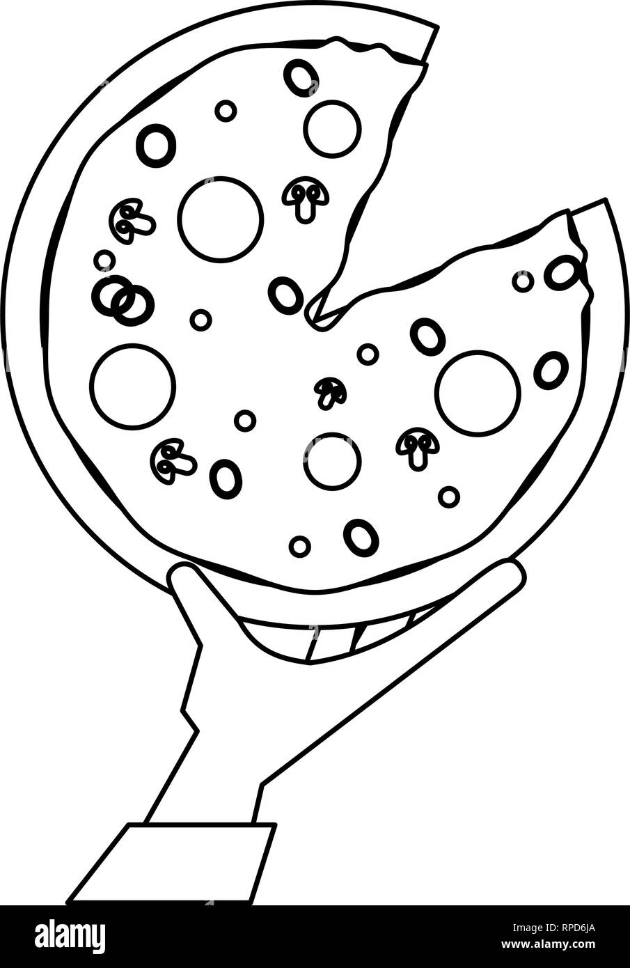 Mano agarrando pizza en blanco y negro Imagen Vector de stock - Alamy
