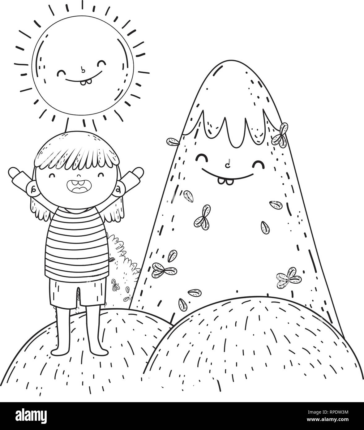 Cute Little Girl con Sun y la montaña kawaii Imagen Vector de stock - Alamy