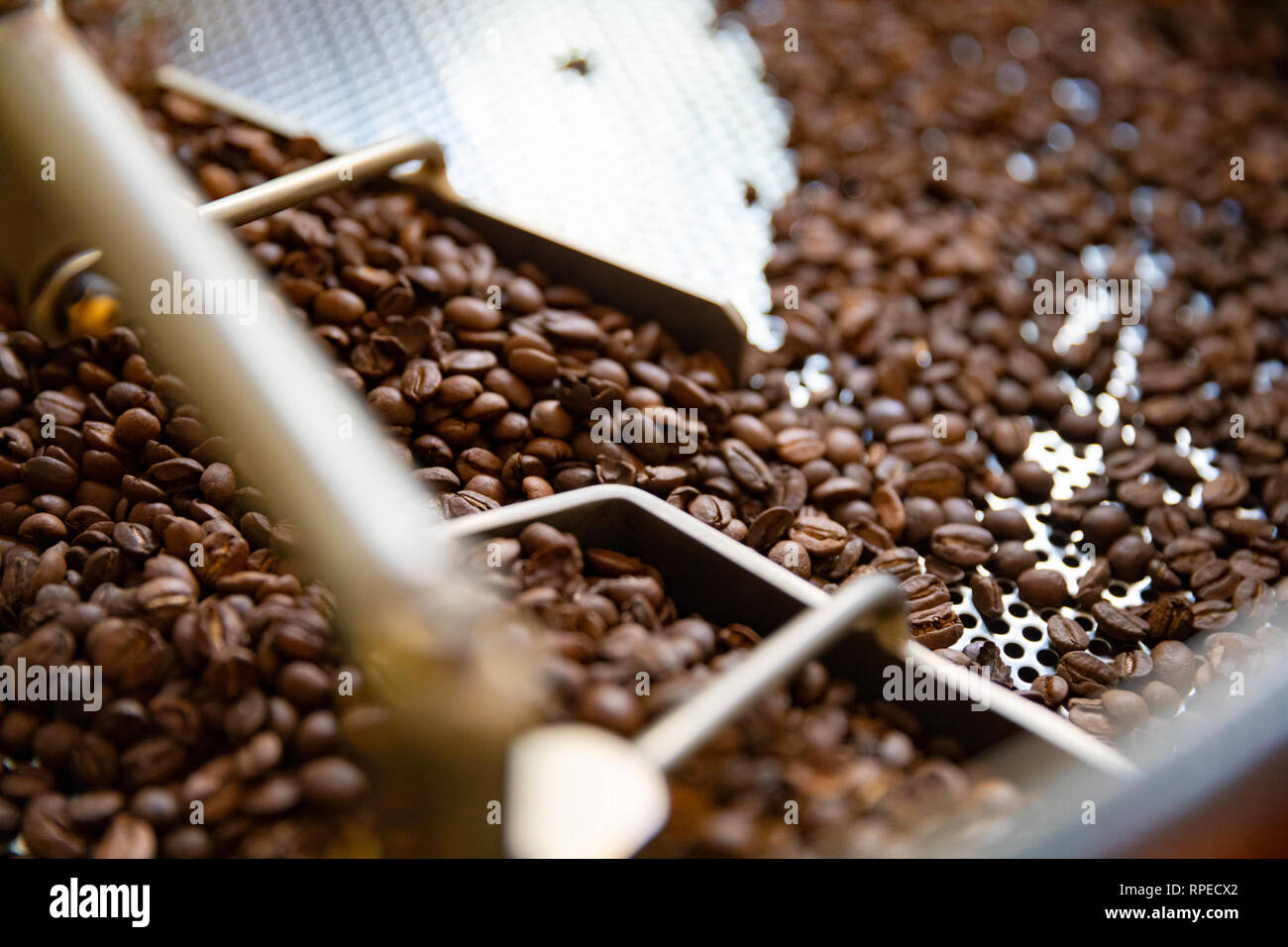 Close-up de materias de granos de café en la máquina tostadoras Foto de stock