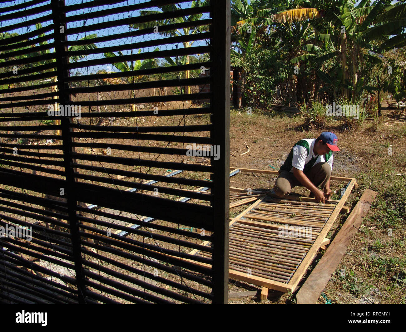 EL SALVADOR hombre construir una casa usando una técnica experimental: en primer lugar, un marco de madera, entonces pollo cable conectado, y el cemento es embadurnado. Es barato, rápido y seguro en los terremotos. San Francisco Javier. Foto de stock