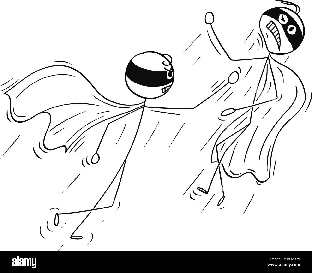 Caricatura de dos super héroes enmascarados luchando juntos Ilustración del Vector