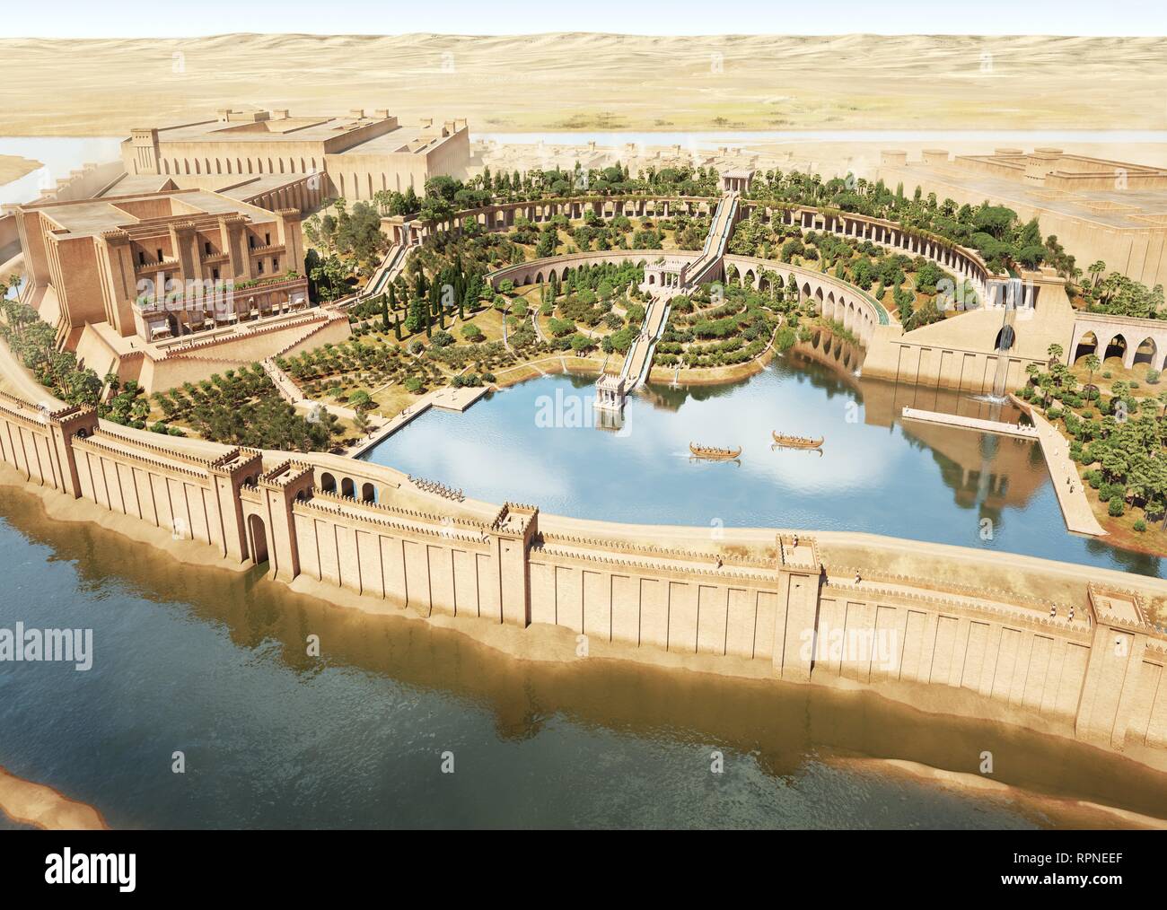 Nínive, capital del Reino de Asiria el siglo VIII A.C. Reconstrucción ideal los famosos "jardines colgantes" que casi siempre han sido atribuidos a la ciudad de Babilonia y que los