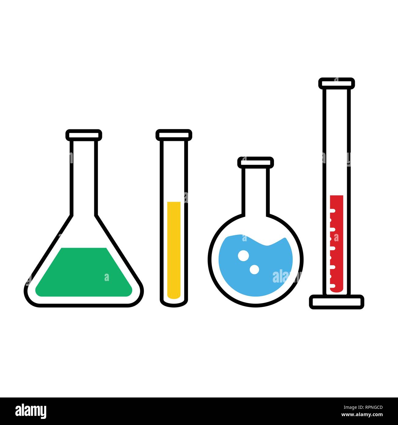 Vasos de precipitado de color químicas y charlatanes iconos vectoriales. Ciencia o símbolos de farmacia Ilustración del Vector